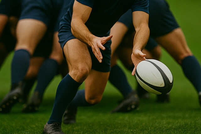 Rugby player defending the ball