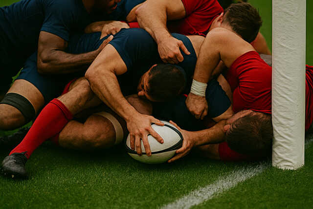 Rugby players engaged in fierce offense and defense
