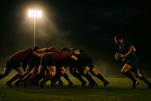 Rugby players colliding on a stadium at night