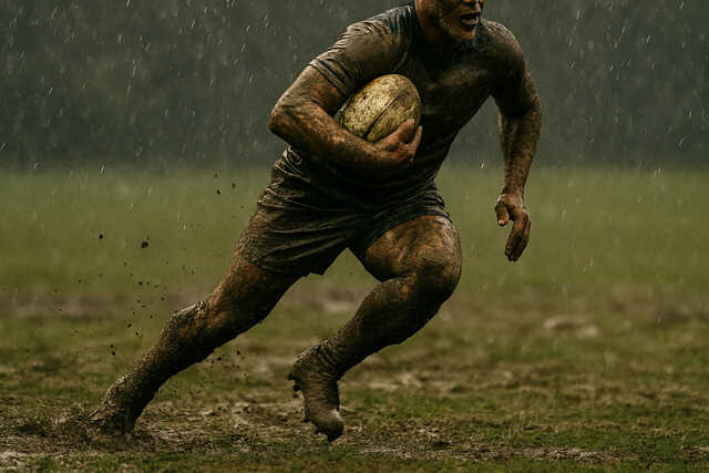 Rugby player running in mud